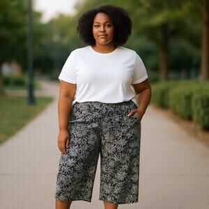 Jones New York & Co Wide Leg Crop Pants Women1X Linen Blend Pull On Navy Floral